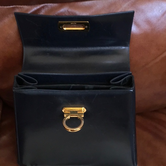 Authentic Salvatore Ferragamo Kelly Bag in Navy blue with gold hard ware - Picture 3 of 9